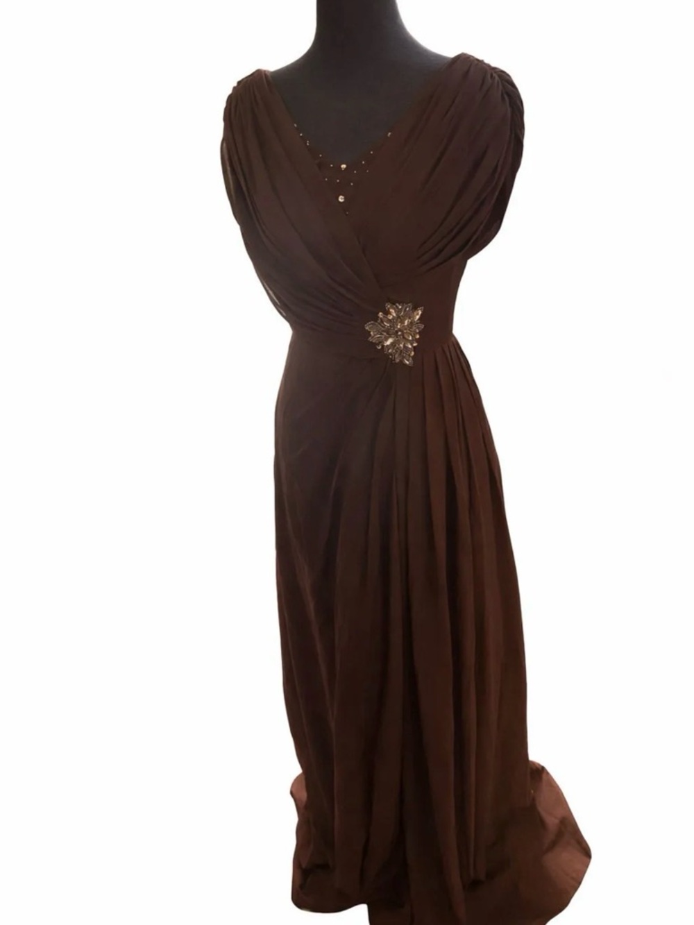 Brown Draped Maxi Dress with Jeweled Waist Accent